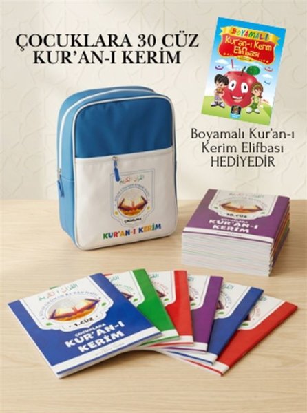 Çocuklara 30 Cüz Kuran-ı Kerim (Mavi Çantalı) Boyamalı Kuran-ı Kerim Elifbası Hediyeli